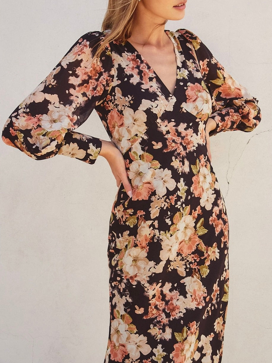 Floral Long Sleeve Midi Dress - Black Floral Lana's Loft Inc Floral Long Sleeve Midi Dress - Black Floral Lana's Loft Inc