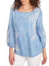 Load image into Gallery viewer, Embroidered Square Neck Denim Top - Medium Blue
