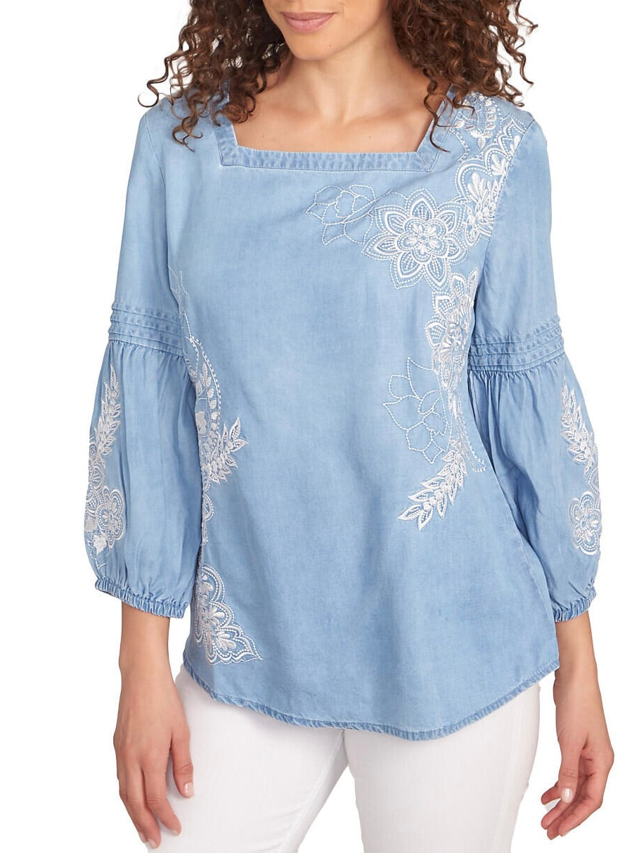Embroidered Square Neck Denim Top - Medium Blue