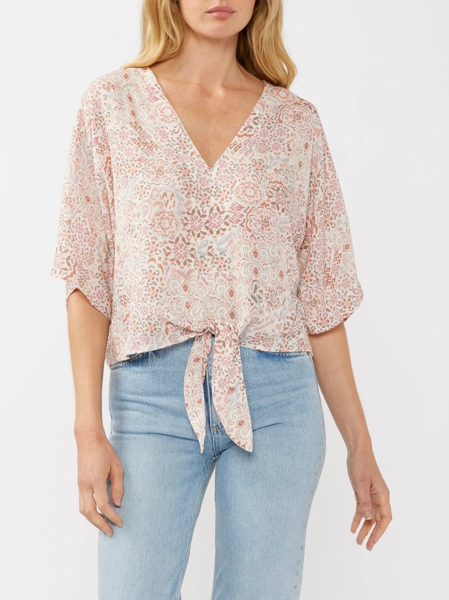 Tie Front Kimono Sleeve Top - Dusty Pink