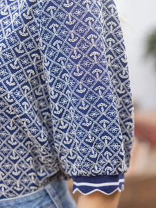 Eyelet Top with Scalloped Sleeve Band - Navy
