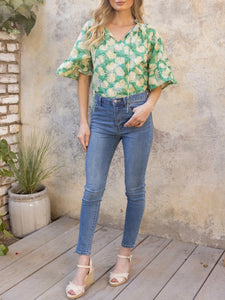 Embroidered Cotton Floral Top - Green