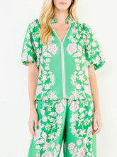 Load image into Gallery viewer, Green and pink floral satin blouse with puff sleeves, V-neckline, and pink trim detailing on matching set - 1
