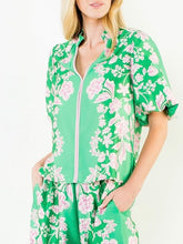 Load image into Gallery viewer, Green and pink floral satin blouse with puff sleeves, V-neckline, and pink trim detailing on matching set - 2
