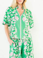 Load image into Gallery viewer, Green and pink floral satin blouse with puff sleeves, V-neckline, and pink trim detailing on matching set - 3
