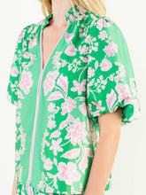 Load image into Gallery viewer, Green and pink floral satin blouse with puff sleeves, V-neckline, and pink trim detailing on matching set - 4
