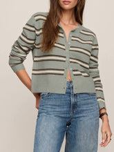Load image into Gallery viewer, Medina striped cardigan in sage green with cream and brown stripes, button-front knit style paired with blue jeans - 2
