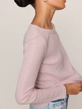 Load image into Gallery viewer, Arlet Mini Thermal Top in Soft Blush pink waffle knit with scoop neck and long sleeves paired with light wash jeans - 5
