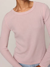 Load image into Gallery viewer, Arlet Mini Thermal Top in Soft Blush pink waffle knit with scoop neck and long sleeves paired with light wash jeans - 8
