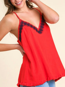 Embroidered Cami Top - Red/Navy
