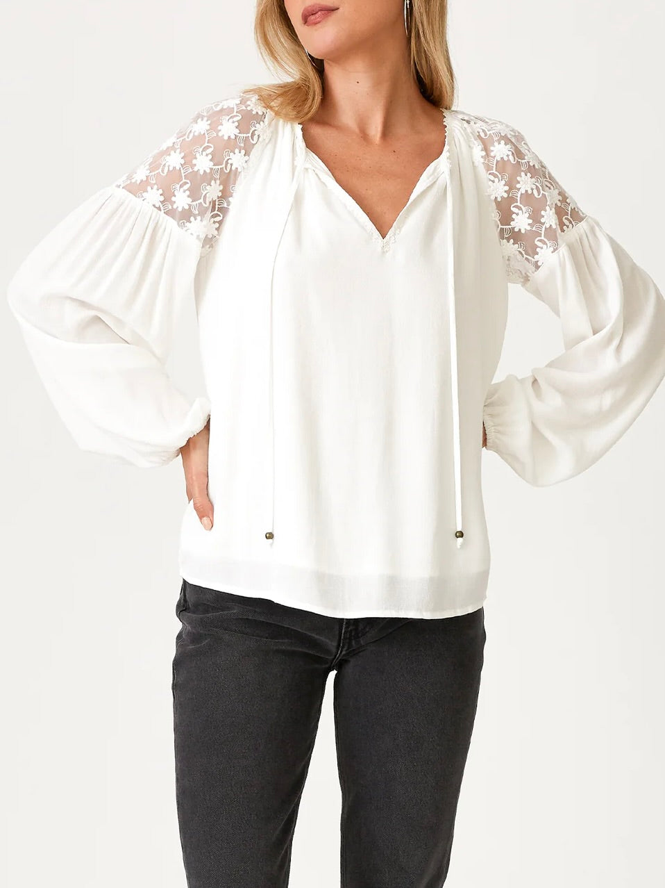Long Sleeve Top with Lace Shoulder Detail - White