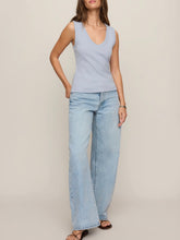 Load image into Gallery viewer, Ellie V-Neck Tank in Skyline blue, fitted sleeveless top paired with light wash jeans, women's casual style - 4
