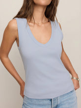 Load image into Gallery viewer, Ellie V-Neck Tank in Skyline blue, fitted sleeveless top paired with light wash jeans, women's casual style - 5
