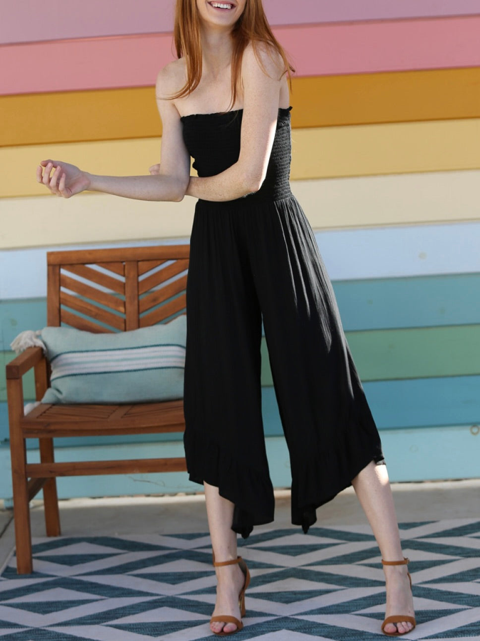 Smocked Strapless Jumpsuit - Black