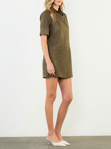 Short Sleeve Suede Dress - Olive