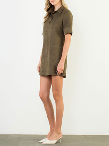 Short Sleeve Suede Dress - Olive