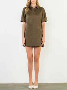 Short Sleeve Suede Dress - Olive