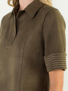 Short Sleeve Suede Dress - Olive