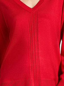 V-Neck Cable Detail Sweater - Scarlet