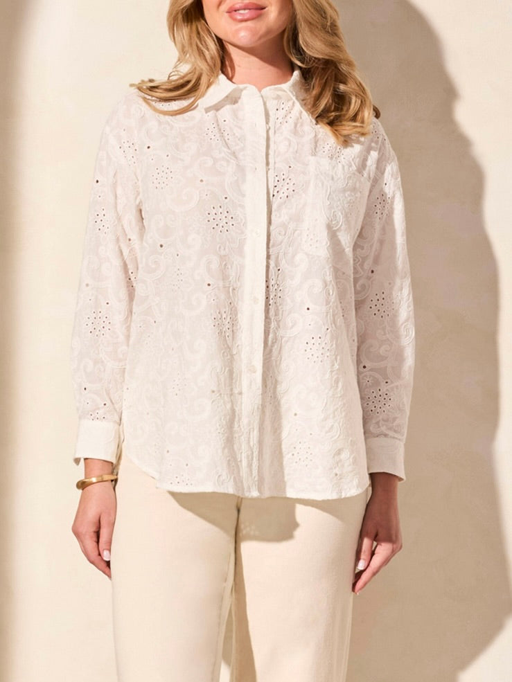 Eyelet Embroidered Button-down Shirt - White