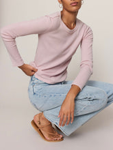 Load image into Gallery viewer, Arlet Mini Thermal Top in Soft Blush pink waffle knit with scoop neck and long sleeves paired with light wash jeans - 7
