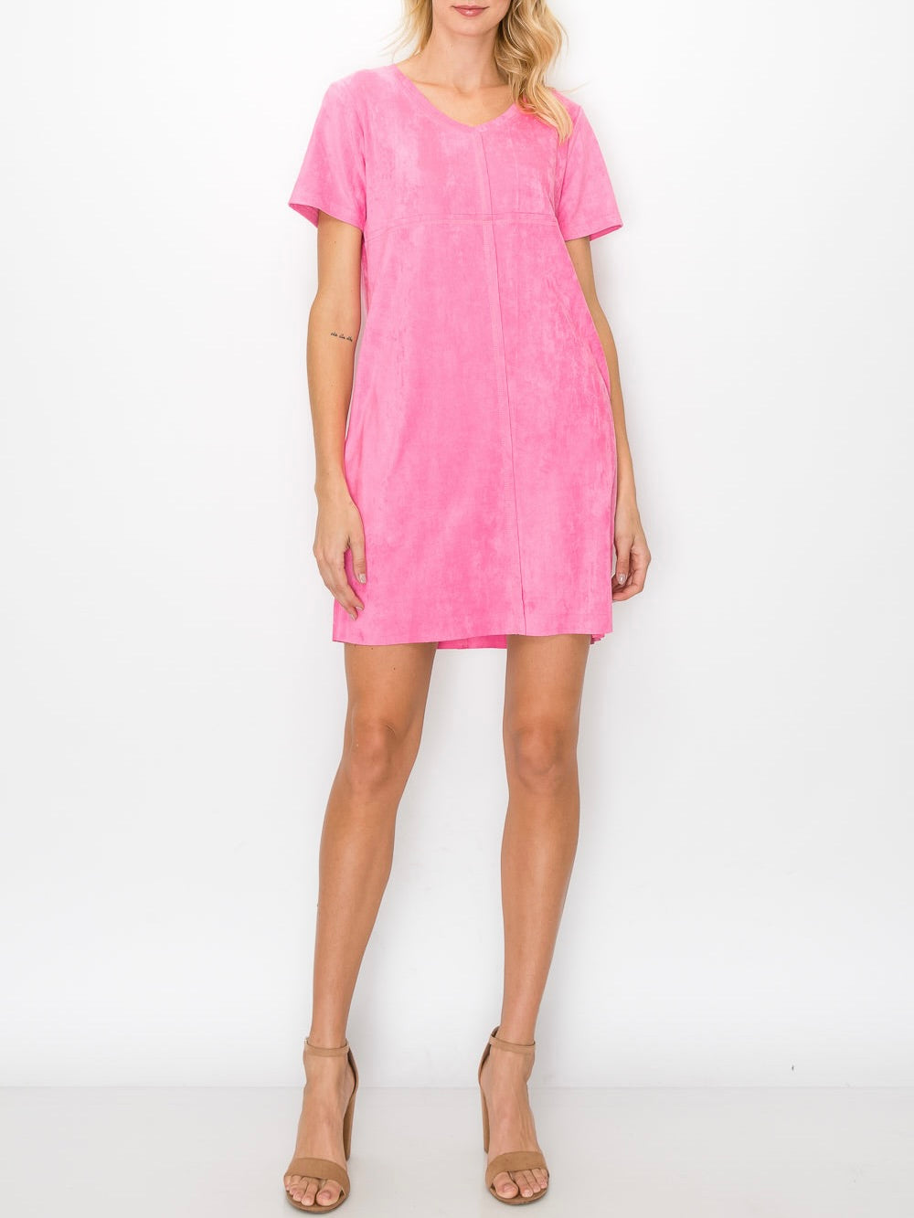 V-Neck Short Sleeve Suede Dress - Pink FINAL SALE