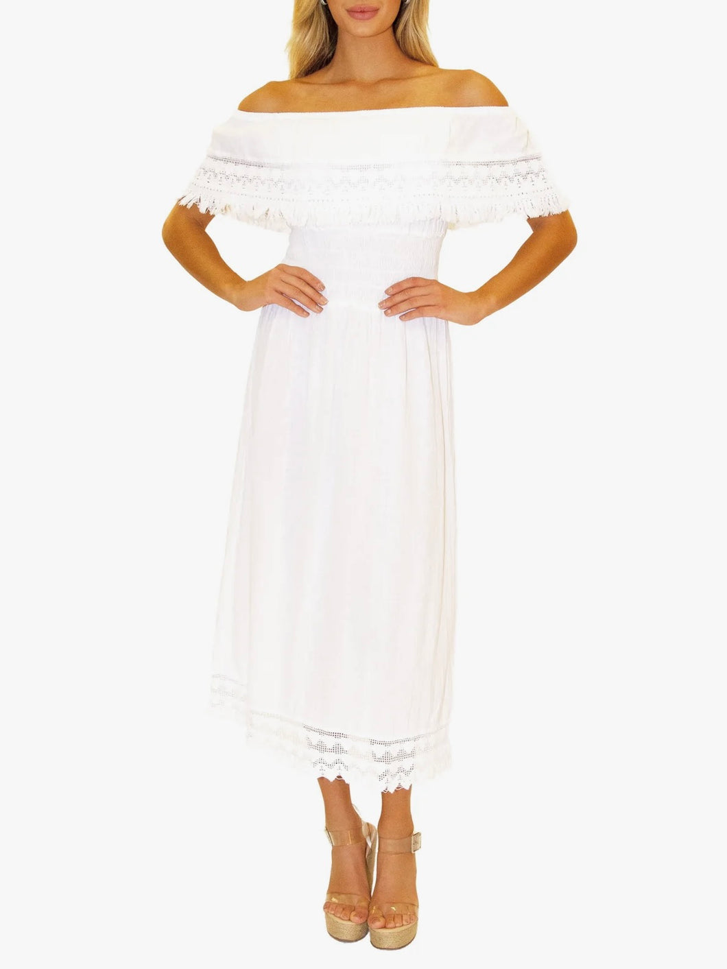 Lace Trim Midi Dress - White