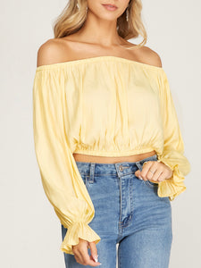 Long Sleeve Off Shoulder Cropped Top - Yellow