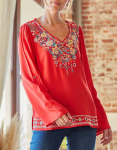 Long Sleeve Embroidered Top - Tomato FINAL SALE
